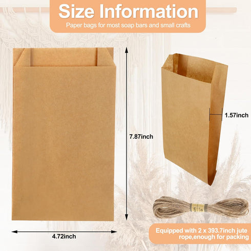 Fulmoon Soap Paper Bags, 5'' x 8'' Kraft Paper Bags for Packaging Soap Wrappers with 394 Inch Jute Ropes for Soap Making Candy Lipstick Gift Crafts Merchandise Wedding Gift Bags (100 Pieces)