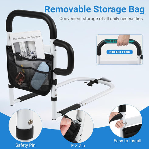 Klvied Bed Rails for Elderly Adults Safety, Adjustable Bed Side Rails with Side Handle, Bed Cane with Storage Bag, Fit