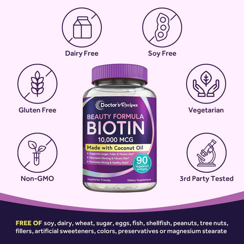 Doctor's Recipes Biotin 10,000 mcg for Hair Growth, Healthy Skin & Nails, Vegetarian-Friendly