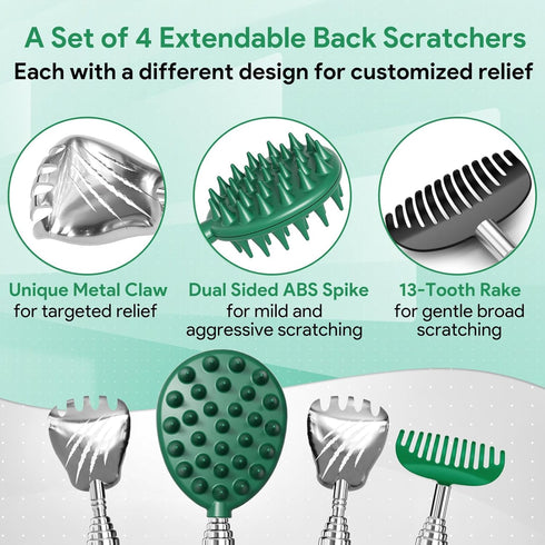 Gumry Versatile Back Scratcher - Portable Telescoping Extendable Back Massager Tool with Different Heads & Rubber