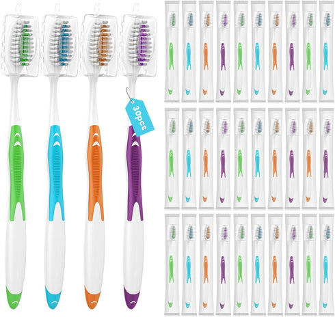 30 Pack Bulk Toothbrushes with Covers, Individually Wrapped Disposable Tooth Brush Pack for Adults & Kids, Medium Soft