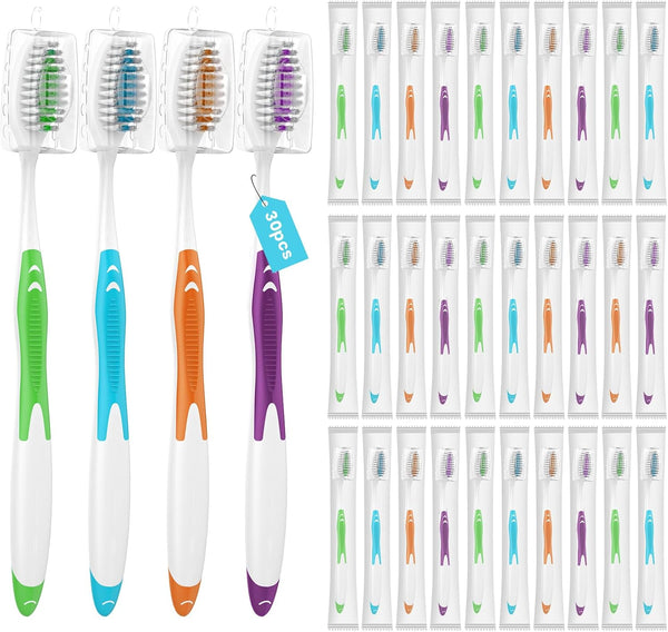 30 Pack Bulk Toothbrushes with Covers, Individually Wrapped Disposable Tooth Brush Pack for Adults & Kids, Medium Soft