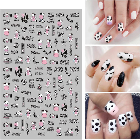 Cute Cow Nail Art Stickers, 3D Self-Adhesive Cartoon Cow Nail Decals for Women Girls Manicure Tips DIY Animal Art