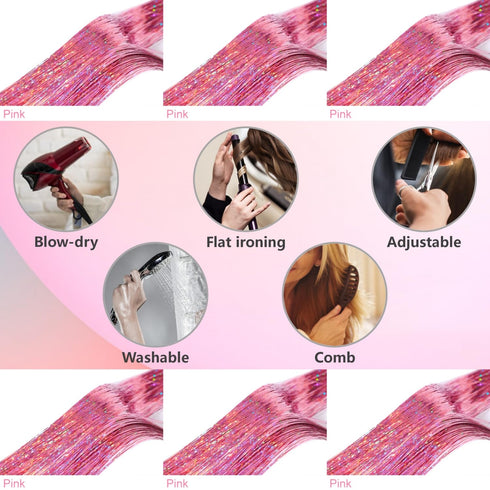 Pink Fairy Hair Tinsel Kit, 48 Inches 1200 Strands with Tools and Instruction, Glitter Tinsel Hair Extensions for Women