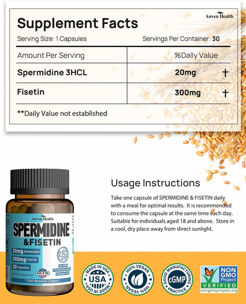 20mg Spermidine & 300mg Fisetin Supplement for Women & Men - 98% 3HCL Cell Renewal Aging Defense - 30 Capsules