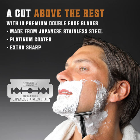 SHAVING REVOLUTION Long Handle Double Edge Safety Razor - Butterfly Open Razor with 10 Blades