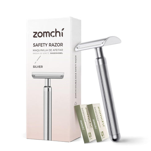 ZOMCHI Double Edge Safety Razor, Premium Metal Razor with 10 Blades, Eco-Friendly Razor in Noble Silver