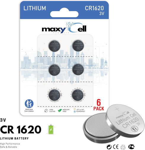 MaxyCell CR1620 3V DL1620 ECR1620 (6 Pack) Lithium Coin Cell Battery High-Capacity Long-Lasting Reliable Power