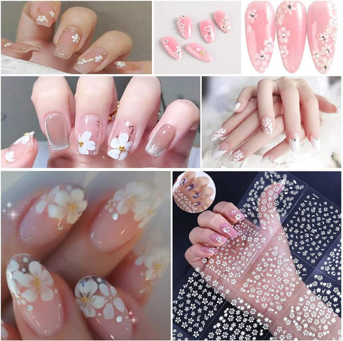 30 Sheets White Flower Nail Art Stickers, 3D Self Adhesive Designs with Rhinestones for Nail Decorations