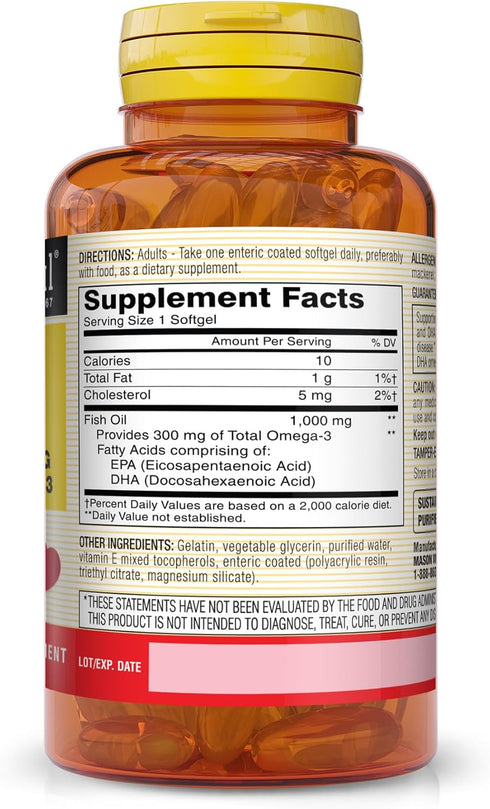 MASON NATURAL No Burp Fish Oil 1000 mg Omega-3 300 mg - 100 Softgels Pack of 3 for Healthy Heart Support
