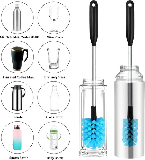 2-in-1 Stainless Steel Long Handled Water Bottle Brush, Multi-Purpose Bottle Scrubbing Brush, Soft Bottle Brush, Glassware Brush, Water Bottle Cleaner with Removable and Replaceable Brush Heads 15 in by AIOUIERSCN