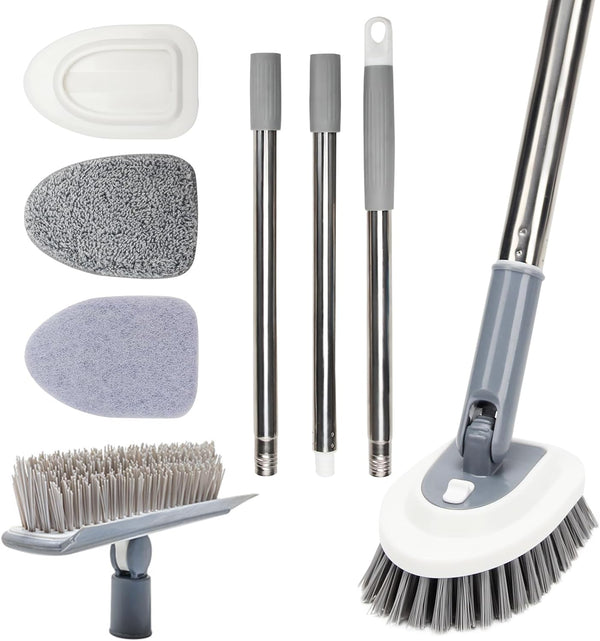 Floor Scrub Brush, 4 in 1 Tile Tub Scrubber with Adjustable Long Handle for Bathroom/Shower/Tub/Tile Cleaning