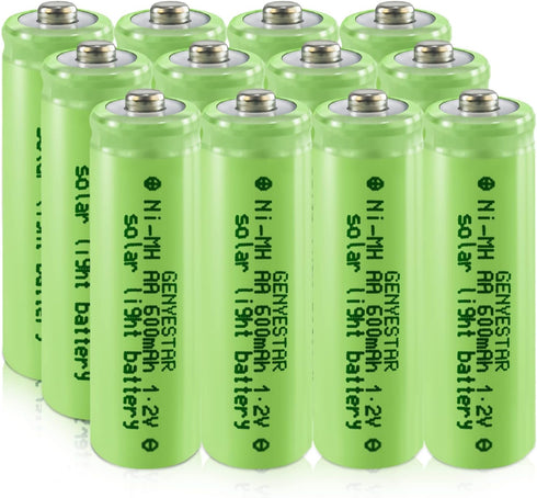NiMH 1.2V 600mAh Rechargeable AA Batteries, Double A Rechargeable Batteries for Solar Lights, Mouse, Keyboard, 12 Pack