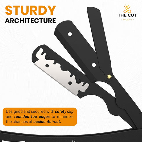 The Cut-Factory Straight Razor with 100 Pack Platinum Treat Professional Barber Razors for Men, Stainless Steel-Black