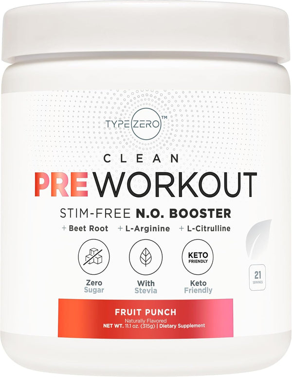 Ultra Clean Stim Free Pump Pre Workout + Nitric Oxide Booster (Fruit Punch) - Sugar/Caffeine Free Natural Non-Stim