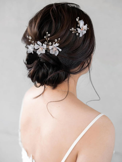 SWEETV 3Pcs Bridal Hair Pins, White Flower Hair Pieces Wedding Side Combs Accessories for Bridesmaids