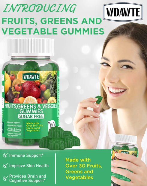 Sugar-Free Fruit and Veggie Gummies - 35+ Greens, Fruit & Vegetable Vitamins for Immunity, 60 Gummies