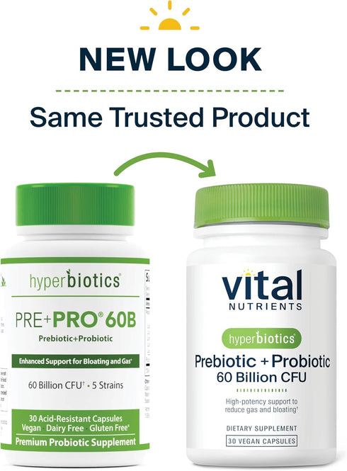 Hyperbiotics Vital Nutrients Prebiotic and Probiotic for Women and Men, 60 Billion CFU, 30 Vegan Capsules