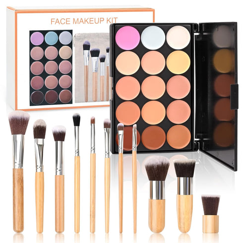 Pure Vie 15 Colors Cosmetics Cream Contour and Highlighting Makeup Kit + 11 Pcs Brushes