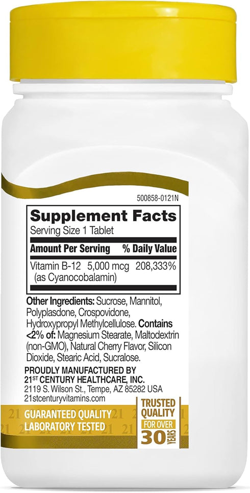 21st Century B-12 5000 mcg Cherry Flavored Sublingual Tablets, 110 Count