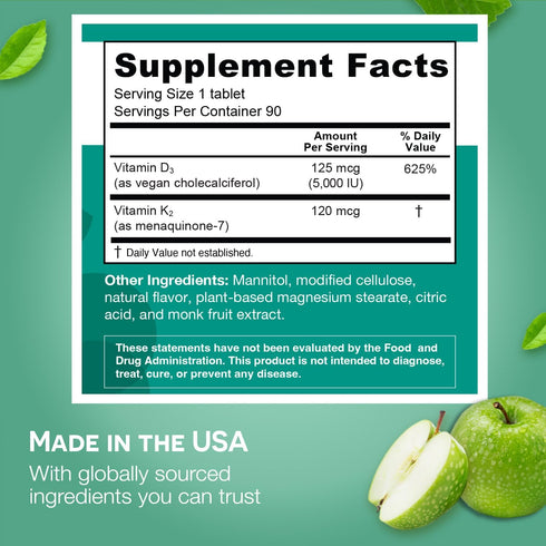EZ Melts Dissolvable Vitamin D3 K2 5,000 IU, Sugar-Free Bone & Joint Support, 3-Month Supply
