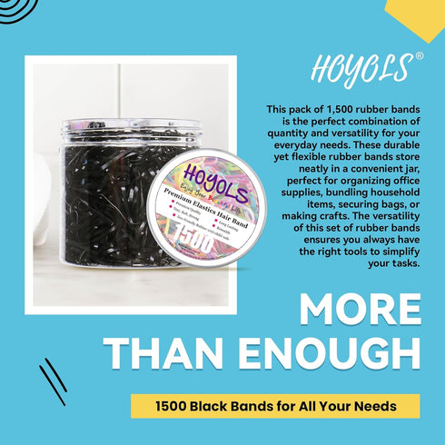 HOYOLS Black Elastic Hair Ties Rubber Bands, Mini Polyband Soft Ponytail Holder for Kids, 1500 Pack