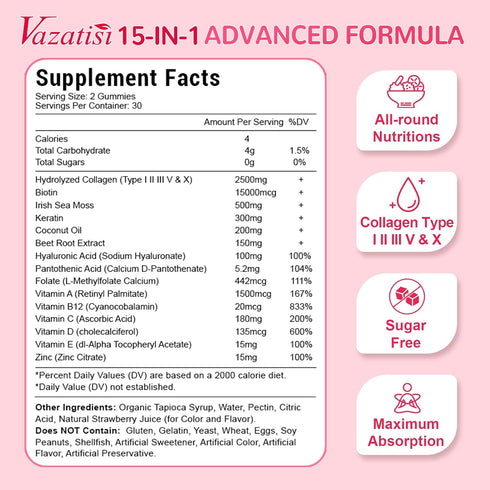 Sugar Free Collagen Gummies for Women Men, 2500mg Collagen with Biotin, Sea Moss, Vitamin C for Hair Skin Nails