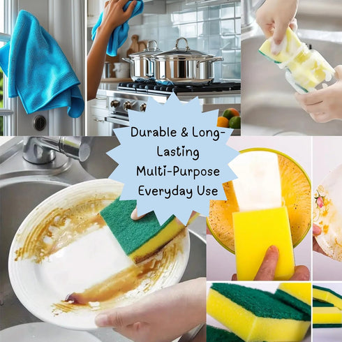 Set 14 5 Sponge and Microfiber Cloth Heavy Duty Scrub Sponges + Cleaning Cloths Multi-Purpose Kitchen and Household Use