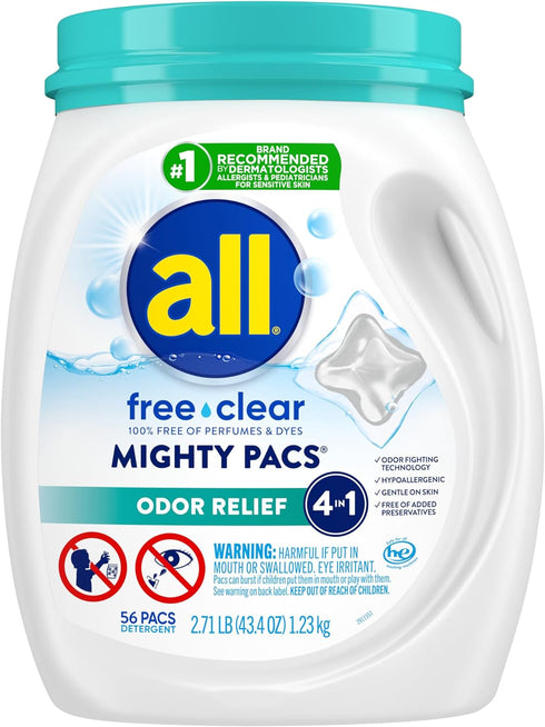 All Mighty Pacs Laundry Detergent, Free Clear Odor Relief, Tub, 56 Count