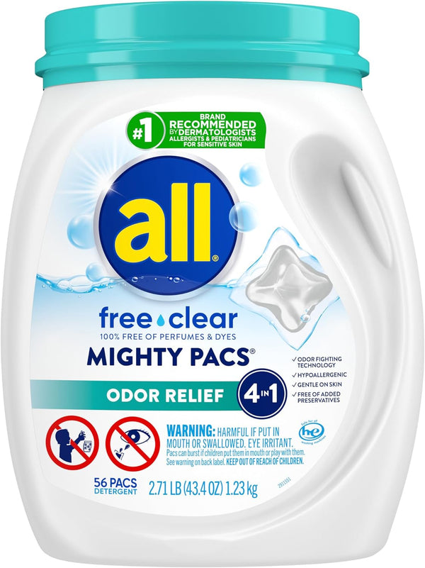 All Mighty Pacs Laundry Detergent, Free Clear Odor Relief, Tub, 56 Count