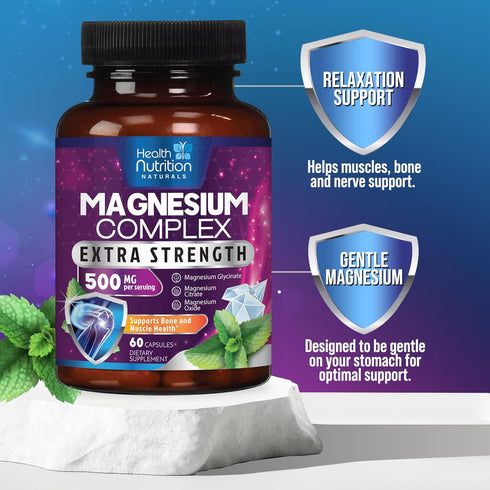 Magnesium Complex Supplement 500mg | 60 Capsules | High Absorption Chelated Magnesium with Glycinate, Oxide, Malate,