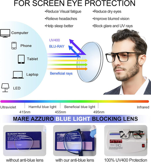 MARE AZZURO Large Blue Light Blocking Reading Glasses Men, Computer Readers 0 1.0 1.25 1.5 1.75 2.0 2.25 2.5 2.75 3.0