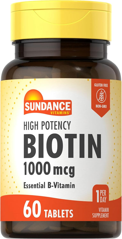 Sundance High Potency Biotin 1,000 mcg, 60 Tablets, Essential B Vitamin, Vegetarian, Non-GMO, Gluten Free