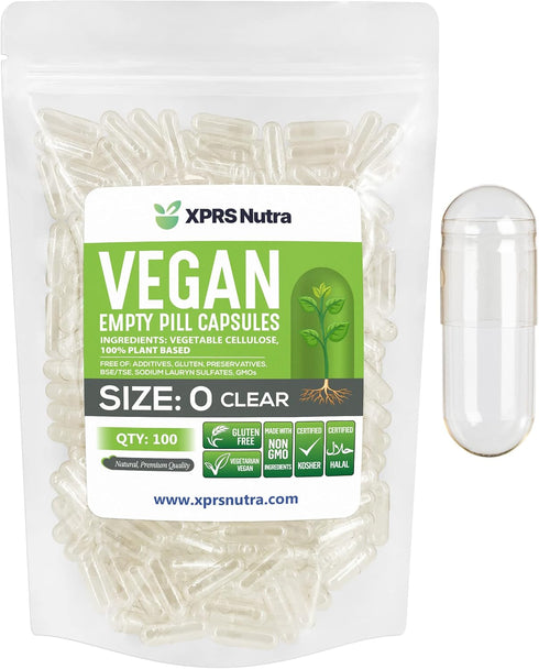 XPRS Nutra Size 0 Empty Capsules - 100 Clear Vegan Capsules for DIY Vegetable Capsule Filling