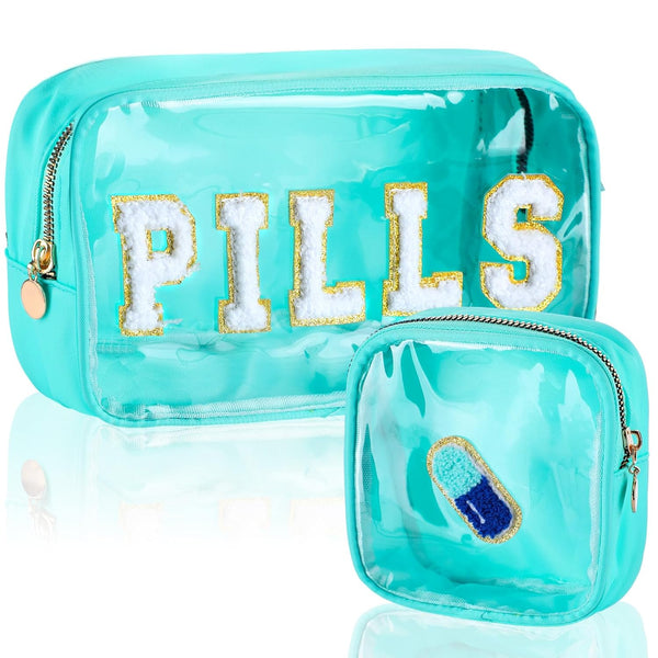 Hillban 2 Pcs Clear Makeup Bag Set, Preppy Chenille Letter Nylon Pouch for Travel Meds and Cosmetic Supplies