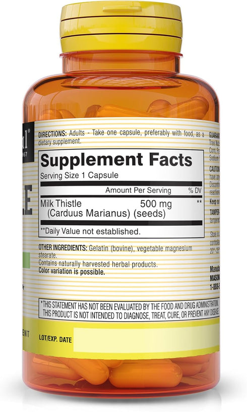 MASON NATURAL Milk Thistle 500 mg - Support Healthy Liver Function, Cleanse and Detox, Herbal Dietary Supplement, 60 Capsules