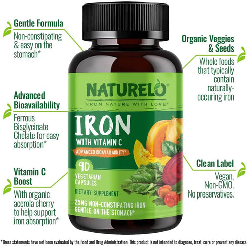 NATURELO Vegan Iron Supplement with Vitamin C, Organic Whole Foods - Gentle Iron Pills for Women & Men, 90 Mini Capsules
