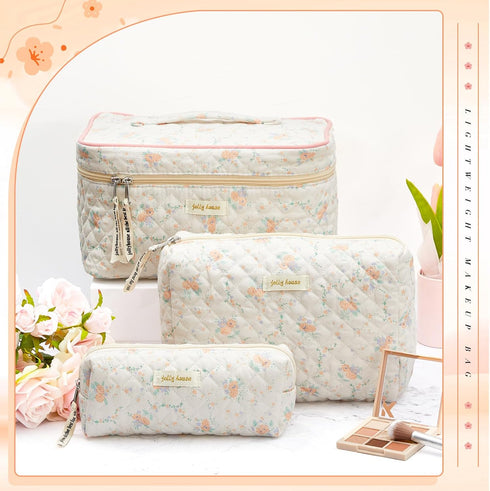 3 Pcs Quilted Makeup Bag, Large Floral Cosmetic Bag, Cute Kawaii Toiletry Pouch with Zipper for Women Gifts (Apricot