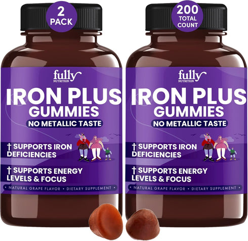 Iron Gummies Supplements for Adults & Kids, Grape Flavor for Anemia, Energy & Focus - 200 Count