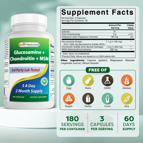 Best Naturals, Glucosamine Chondroitin and MSM Joint Supplements, 2600 mg per serving, (180 Count (Pack of 2))
