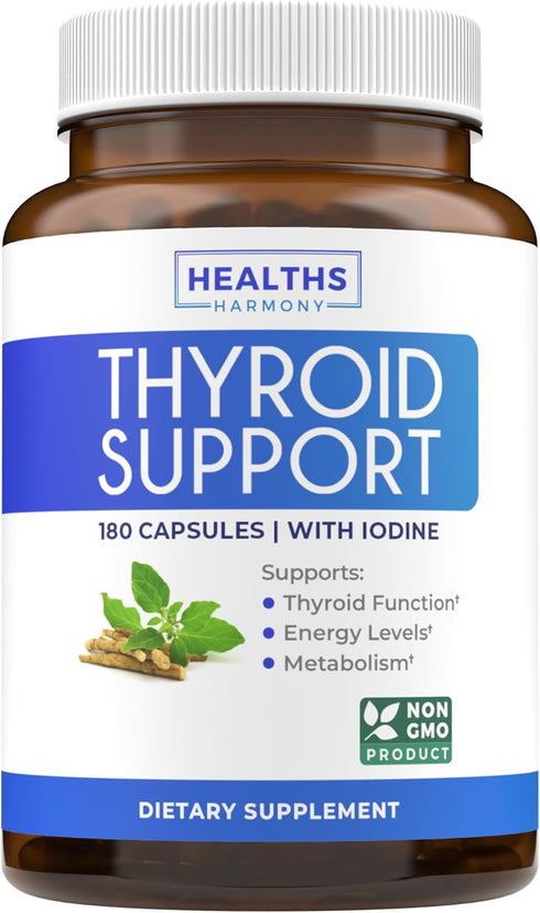 Thyroid Support Supplement with Iodine - 180 Capsules (Non-GMO) for Energy - Ashwagandha Root, Zinc, Selenium, Vitamin