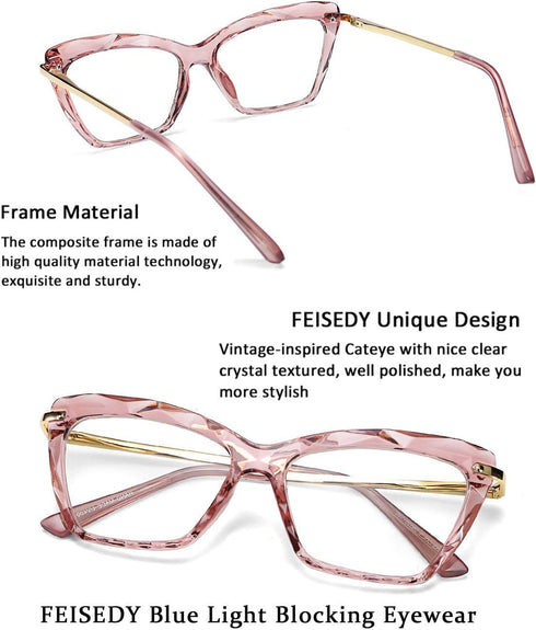 FEISEDY Crystal Cat Eye Glasses Frame, Blue Light Blocking Computer Eyewear B2500