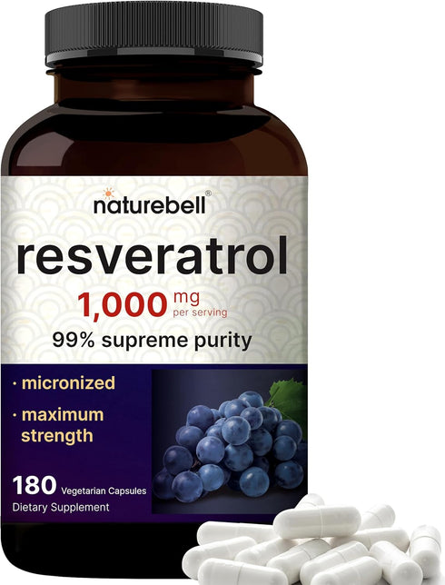 NatureBell Resveratrol Supplement 1000mg, 180 Veggie Capsules, 99% Pure Trans-Resveratrol for Healthy Aging Support