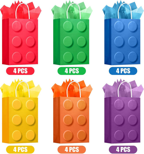 YOTNUS 24 Pcs Building Block Party-Favor Gift Bags with Tissue Paper, Small Gift Bags with Handles for Birthday Party