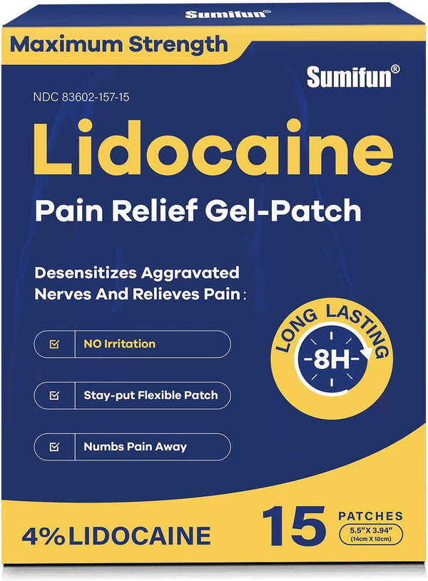 Sumifun 4% Lidocaine Pain Relief Patches, 15 Count Maximum Strength Numbing Gel Patch for Muscle Soreness