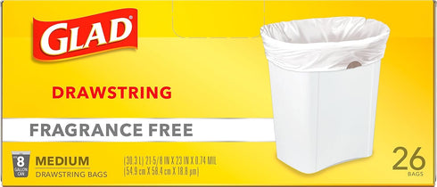 Glad Trash Bags, Medium Drawstring Garbage Bags, 8 Gallon, 26 Count, White, Fragrance Free, Pack May Vary