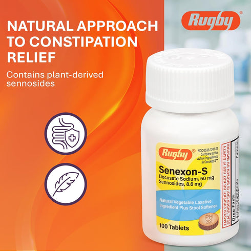 Rugby Senexon-S Natural Vegetable Laxative Plus Stool Softener - 100 Tablets (Docusate Sodium 50mg, Sennosides 8.6mg)