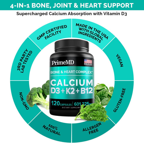 PrimeMD 4-in-1 Calcium Supplements for Women & Men - Calcium 600mg with Vitamin D3 K2 B12 5000 IU Supplement for Heart, Bone & Body Defenses - Gluten-Free, Non-GMO, Vegan Friendly (120 count)