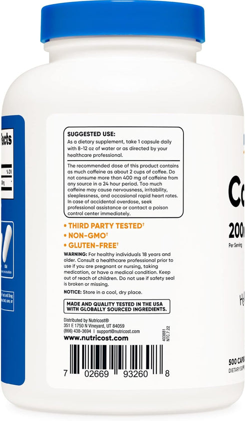 Nutricost Caffeine Pills, 200mg Per Serving, 500 Caps