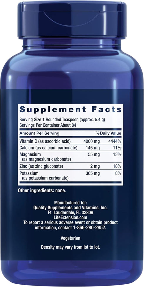 Life Extension Buffered Vitamin C Powder, buffering minerals, calcium, magnesium, potassium & zinc, for sensitive stomachs, gluten free, non-GMO, vegetarian, 454 grams, about 84 servings